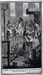 Ullysse prosi Alcinousa (Alcinoos) o niezbędną pomoc w powrocie do ojczyzny. Ilustracja do księgi VII Odysei Homere, w Odyssee, wydanej w Amsterdamie w 1731, Collection privee Milan.