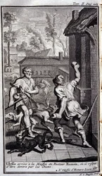 Ulisses przybywa do domu pastora Eumee, w przeciwnym razie mogą go poświęcić psy. Ilustracja do książki XIV de l