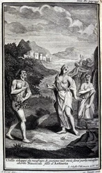 Ulisses ucieka z wraku i choć nagi, ale siłą z konieczności zbliża się do Nausicaa, córki Antinousa (Antinosa). Ilustracja do księgi VI Odyssee of Homere, w Odyssee, opublikowanej w Amsterdamie w 1731 roku w Mediolanie.