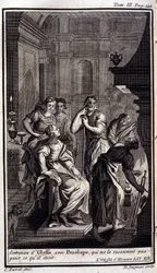Wywiad Ulissesa z Penelopą, która nie rozpoznaje go takim, jakim był. Ilustracja do książki XIX Odyssee of Homere, in the Odyssee, wydanej w Amsterdamie w 1731, Collection privee Milan.