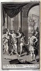 Ulisses drugi po Telemaque i dwóch ich pasterzy rozwiązali wszystkich prześladowców. Lustracja dla XXII księgi Odyseusza Homere, w Odyssee, wydanej w Amsterdamie w 1731 r., Collection privee Milan.