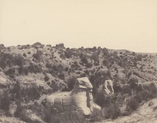 Karnak Teby, Sfinks z ludzką głową i głową barana, w Y, 1851-52, druk 1853-54.