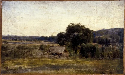 Chata kryta strzechą, między 1850 a 1860 (olej na papierze na płótnie)