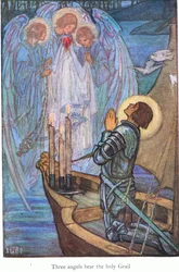 Trzy anioły niosą Świętego Graala (Sir Galahad) (kolorowa litografia)