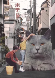 Dzieci myjące gigantycznego kota na ulicach Tokio