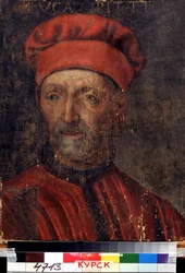 ""Portret bogatego florenckiego bankiera Luki Pitti (1394-1472)""Dał swoje imię pałacowi Pitti) Obraz szkoły florenckiej z początku XVI wieku Regionalna Galeria Sztuki Deineka, Kursk Rosja