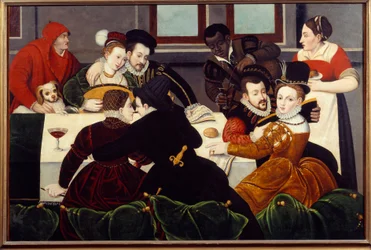 Wspaniały posiłek Zawinięci dla Par, sługa o czarnej skórze. Malarstwo Szkoły w Fontainebleau. XVI-wieczne Aix en Provence, Musee Granet