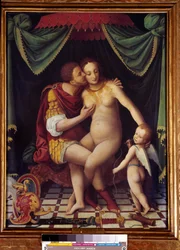 Wenus i Mars, przedstawienie całujących się dwóch bóstw. Obraz szkoły z Fontainebleau z XVI wieku