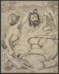 Dawid i Goliat, rysunek do witrażu w Jesus College w Cambridge