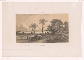 Wózek z wołami w węgierskim krajobrazie Krajobraz na Węgrzech / Ungarische Landschaft / Paisage Húngaro (tytuł na obiekcie) Postacie w krajobrazie (tytuł serii)