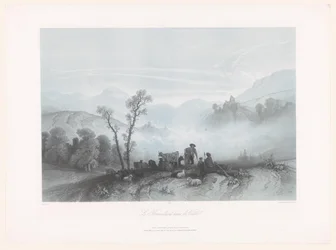 Pasterze z krowami i owcami w mglistej dolinie Le Brouillard dans la Vallée (tytuł na obiekcie)