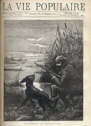 Łowca ptaków obserwuje ze swoim psem na bagnach. Ilustracja F. Meaulle dla „” Mam nadzieję! „” Alphonse Daudet (1840-1897). Rycina z 1890 roku w „La vie populaire”. Prywatna kolekcja
