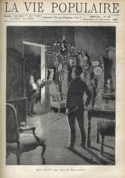 Mężczyzna zaskakuje intruza w domu w środku nocy. Ilustracja F. Meaulle według B. Borione dla „” Kto wie? „” Guy de Maupassant (1850-1893). Rycina z 1890 roku w „La vie populaire”. Prywatna kolekcja