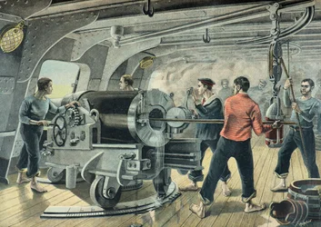 Bateria marynarki wojennej bombarduje Santiago de Cuba, wojna hiszpańsko-amerykańska w 1898 r. (rycina)
