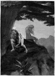 Adam i Ewa. Rysunek grobów autorstwa Meaulle, ilustrujący wiersz Victora Hugo "Les misheureux", w zbiorze "Les contemplations", wydanie Paul Ollendorff, początek XX wieku.