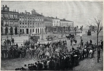 Wyjazd z wyścigu kolarskiego Bordeaux-Paryż (Bordeaux Paris) w 1891 r. - rycina Meaulle z 1891 r.