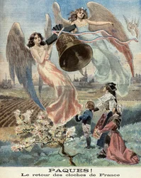 Wielkanoc, powrót dzwonów, alegoria zjednoczenia Alzacji z Francją w 1899 r. (rycina)