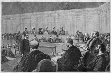 Skandal Toulon w 1891 r.: afera Fouroux - Jonquieres - sala sądowa, zeznania świadków - Grawerowanie Meaulle w „Le journal illustrious”” z 1891 r.