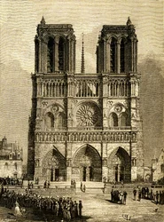 Notre Dame de Paris (Notre-Dame) w 1482 roku: fasada zachodnia i parvis. Rycina autorstwa F. Meaulle, na podstawie rysunku Viollet le Duc (Viollet-le-Duc) ilustrującego tytułową powieść Victora Hugo, wydanie Ollendorff, początek XX wieku. U dołu po lewej s