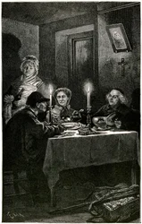 Victor Hugo "Les Miserables" Ilustracja Lix wygrawerowana przez Meaulle: Forcat i Eveque. Jean Valjean, któremu Eveque Myriel zaoferował szpital, popełni swój ostatni lot: srebrną zastawę swojego gospodarza. Na stole dwa srebrne świeczniki