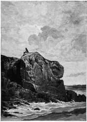 Victor Hugo na wygnaniu w Jersey w 1855 roku, na skale Proscriit. Rycina autorstwa Louisa Fortune Meaulle