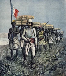 Porucznik Mizon (1853-99) podczas swej wyprawy badawczej z 1892 roku w rejon rzeki Benue w Nigerii, z „Le Petit Journal”, lipiec 1892