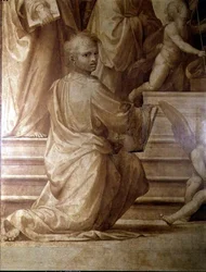 Ołtarz Wielkiej Rady, szczegół przedstawiający młodego klęczącego świętego