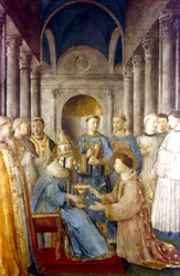 Fra Angelico (Guido di Pietro/Giovanni da Fiesole ok. 1400-55) Włoski malarz. "Święty Sykstus i jego diakon Święty Wawrzyniec" (papież Sykstus II zm. 258) Fresk. Kaplica Mikołaja V, Pałac Watykański