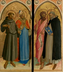 Święty Franciszek i święty biskup, święty Jan Chrzciciel i święty Dominik, koniec lat 20. XIV wieku (tempera i złoto płatkowe na panelu)