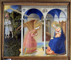 Zwiastowanie (w tle Adam i Ewa wypędzeni z raju), ok. 1445 (tempera i złoto na desce)