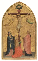 Ukrzyżowanie z Dziewicą, Świętym Janem Chrzcicielem i Magdaleną (tempera na złotym tle)