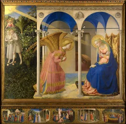 Fra Angelico, Giovanni da Fiesole (ca. 1400-1455), Zwiastowanie. Tempera na desce. Renesans. 1430-1432. Włochy, szkoła florencka. Museo del Prado, Madryt. 154 x 194. Obraz