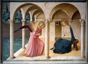 Zwiastowanie. Fresk Guido di Pietro (lub Fra Giovanni da Fiesole) znany jako Fra Angelico lub il Beato (1400-1455). 1442 230 cm x 321 cm Muzeum San Marco, Florencja.
