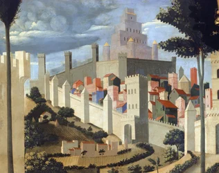 Złożenie Chrystusa (ołtarz Trójcy Świętej), fragment pejzażu z widokiem na Jerozolimę i świątynię Salomona -1437-40 (tempera na drewnie)