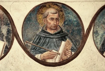 Szczegóły św Raymond z Penafort. Dekoracja kapitularza klasztoru San Marco we Florencji. Obraz Guidolino di Pietro lub Fra Giovanni da Fiesole dit Beato Angelico (Fra Angelico