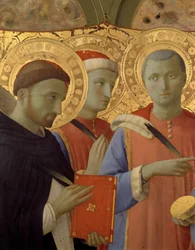 Fragment ołtarza Annaleny: Portrety św. Piotra Męczennika, św. Cosimo (Przyjdź lub Cosimo) i św. Damiana (tempera na drewnie)