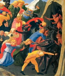 Piekło z demonami organizującymi potępienie, fragment z Sądu Ostatecznego Giovanniego da Fiesole zwanego Fra Angelico (1400-około 1455), tempera na drewnie