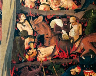 Piekło z demonami karzącymi chciwość, fragment z Sądu Ostatecznego Giovanniego da Fiesole zwanego Fra Angelico (1400-około 1455), tempera na drewnie