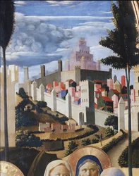 Krajobraz z widokiem na Jerozolimę i świątynię Salomona. Fragment złożenia Chrystusa lub ołtarza Trójcy Świętej (tempera na drewnie)