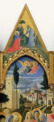 Ołtarz Santa Trinita, rama i sterczyny autorstwa Lorenzo Monaco (Piero di Giovanni) (ok. 1370-1425) ukończony ok. 1434 (tempera i złoto na panelu) (detal z 43967)