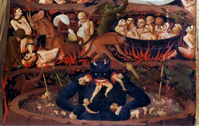 Sąd Ostateczny: szczegół Zaświatów. Cholery w piekielnych kręgach, tortury demonów. Fragment detrempe na drewnie autorstwa Guido di Pietro (lub Fra Giovanni da Fiesole) dit Fra Angelico lub il Beato (1387-1455)