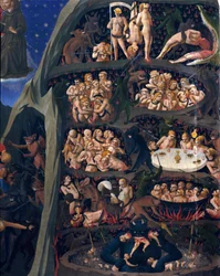 Sąd ostateczny: piekło. Dusze przeklętych poddane torturom w kręgach piekła. Jeden z nich ma diabeł na dole. Obraz Guido di Pietro (lub Fra Giovanni da Fiesole) dit Fra Angelico ou il Beato (1400-1455)