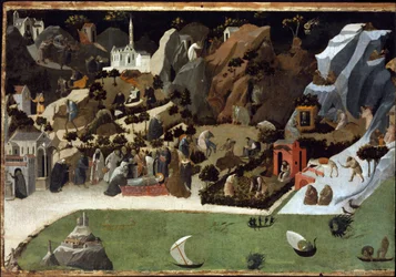 Thebaide - Sceny z życia ojców pustyni (Thebaid) - Obraz Fra Giovanniego (Guido di Pietro) autorstwa Fra Angelico (1387-1455) - 1420 - Tempera na desce - 73,8x1 cm - Muzeum Sztuki, Budapeszt