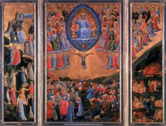 Sąd Ostateczny”. Niebo, w lewo, piekło, w prawo. Chrystus zasiada na sądzie w centralnym panelu. Fra Angelico (1400-1455) Malarz florencki. Tryptyk. Tempera na pokładzie. Muzeum Staatliche w Berlinie.