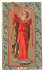 Kolorowy druk litograficzny fra angelico anioł grający na trąbce, ok. 1910