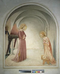 Zwiastowanie Święty Piotr Męczennik stoi za orędziem Archanioła Gabriela Maryi Dziewicy Fresco Guido di Pietro