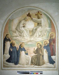 Koronacja Matki Bożej. Od lewej do prawej: święty Tomasz, święty Benedykt z Nursji, święty Dominik, święty Franciszek, święty Piotr Męczennik i święty Marek