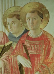 Madonna Cienia, detal ze św. Tomaszem z Akwinu i św. Wawrzyńcem, z korytarza na pierwszym piętrze (fresk)