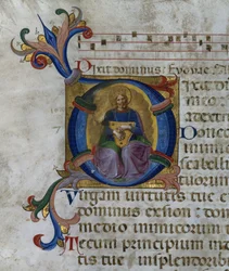 Ms 531 f.169v Historiograficzny inicjał "D" przedstawiający króla Dawida z lirą, z psałterza z San Marco e Cenacoli.