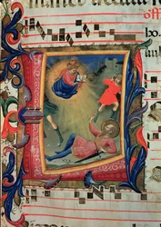 Ms 558 f.21v Historyczny inicjał przedstawiający nawrócenie św. Pawła, fragment mszału, początek lat 30. XIV wieku